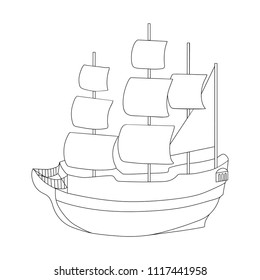 Pirate ship on a white background. Hand drawing in cartoon style. Vector illustration. Contour of the ship. Object for coloring the book. Design element for a pirate party.