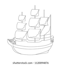 Pirate ship on a white background. Hand drawing in cartoon style. Vector illustration. Contour of the ship. Object for coloring the book. Design element for a pirate party.