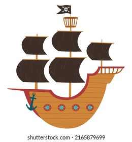 Pirate ship with open sails and a flag with a skull and crossbones. Wooden pirate ship in cartoon style. Pirate style design element. Vector illustration in flat style isolated on white background.