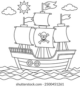 Pirate Ship Outline On the Sea Background Coloring Page