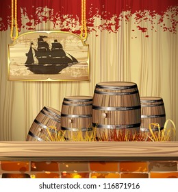 Pirate ship over wood banner and barrels