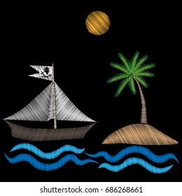 Pirate ship with palm tree embroidery stitches imitation on black background. Embroidery vector illustration with pirates boat and exotic palm tree. 