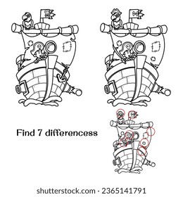 Pirate ship with a pirate and a parrot. Find 7 differences. Tasks for children. vector illustration