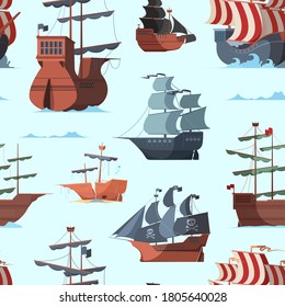 Pirate ship pattern. Old shipping boat adventure concept seamless vector background
