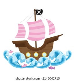 Pirate ship with pink sails on the waves with fish