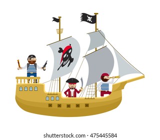 Pirate ship with pirates cartoon flat vector