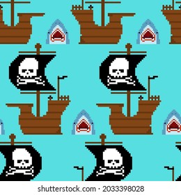 Pirate ship pixel art pattern seamless. Pirates 8 bit background. pixelated vector texture