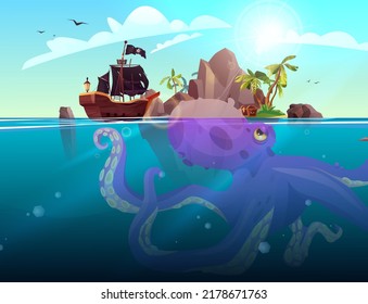 Pirate ship, rocky island with palm trees in the ocean. Purple giant octopus under the sea. Cartoon vector illustration for 2d game or adventure quest.