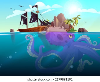 Barco pirata, isla rocosa con palmeras en el océano. Pulpo gigante morado bajo el mar. Ilustración vectorial de dibujos animados para 2d juego o aventura.