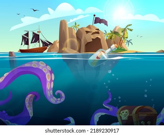 Pirate ship, rocky island with palm trees in the ocean. Purple giant octopus under the sea. Cartoon vector illustration for 2d game or adventure quest.