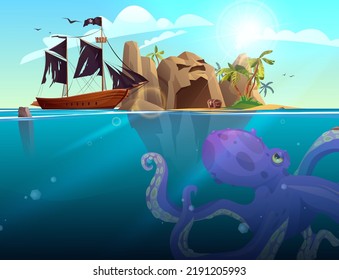 Pirate Ship, Rocky Island With Palm Trees In The Ocean. Purple Giant Octopus Under The Sea. Cartoon Vector Illustration For 2d Game Or Adventure Quest.