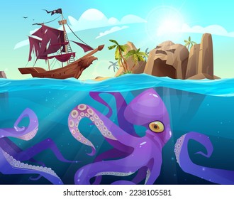 Pirate ship, rocky island with palm trees in the ocean. Purple giant octopus under the sea. Cartoon vector illustration for 2d game or adventure quest.