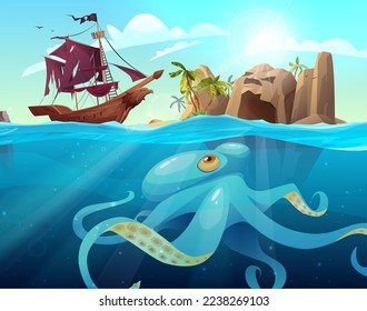 Pirate ship, rocky island with palm trees in the ocean. Purple giant octopus under the sea. Cartoon vector illustration for 2d game or adventure quest.