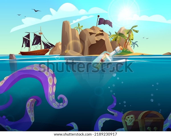Pirate ship, rocky island with palm\
trees in the ocean. Purple giant octopus under the sea. Cartoon\
vector illustration for 2d game or adventure\
quest.