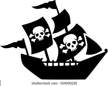 Pirate ship with sail skull and bones