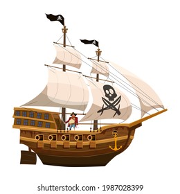 Pirate ship sail, wooden old sailboat. Buccaneer filibuster corsair with black flag skull, Jolly Rodger. Vector illustration cartoon style