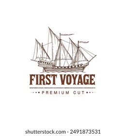 Pirate ship sailboat retro sketch hand drawn, Sailing boat yacht logo, Vintage Ship