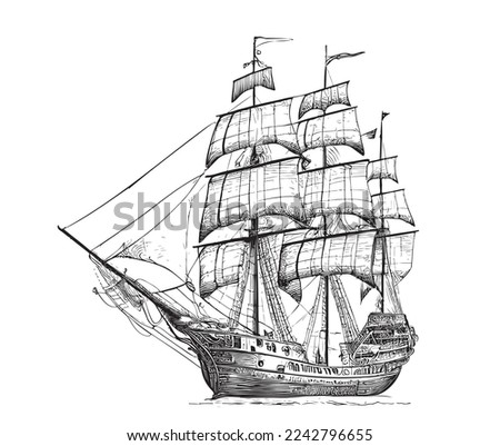 Pirate ship sailboat retro sketch hand drawn engraving style Vector illustration