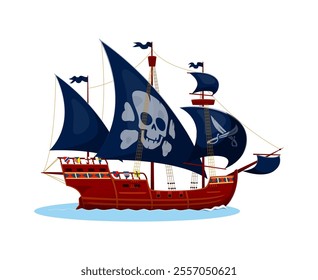 Pirate ship sailing in calm waters. Isolated cartoon vector corsair vessel features dark sails adorned with skull and crossbones, evokes adventure, the allure of the sea, and mystery of pirate lore