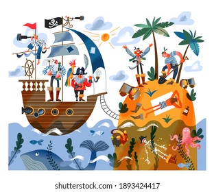 Pirate ship sailing to island with sailors digging treasure. Captain with parrot and sailors on ship in sea or ocean, pirates digging gold and money. Adventure and marine piracy vector illustration.