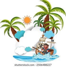 Pirate ship sailing near palm trees and sun