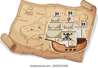 Pirate ship sailing on an ancient map