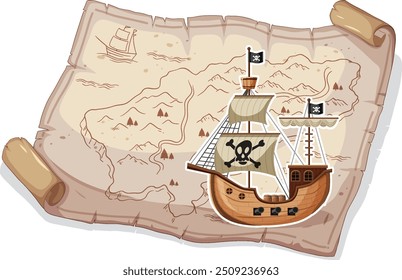 Pirate ship sailing on an ancient treasure map