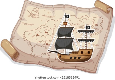 Pirate ship sailing on an ancient map