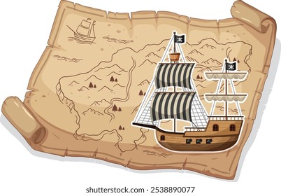 Pirate ship sailing on an ancient map