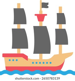 Pirate Ship Sailing on Blue Waves Illustration