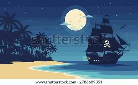 Pirate ship sailing on ocean beach at night under full moon
