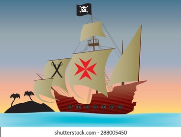A Pirate Ship sailing past an island 