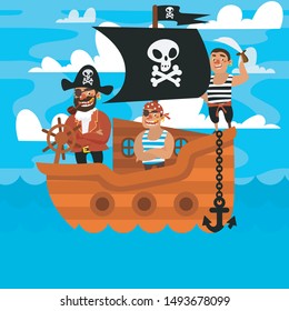 Pirate ship sailing in the sea with pirate captain, with black flag and sail decorated with scull and cross bones and anchor. Vector illustration.