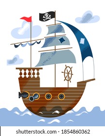 Pirate ship sailing in sea or ocean. Piratic ship with black flag with emblem, sails with patches, steering wheel, wooden deck, cannons. Adventure and marine piracy vector illustration.