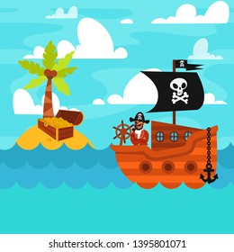 Pirate ship sailing in the sea with pirates, with black flag and sail decorated with scull and cross bones and anchor. Sail to the island with treasure. Vector illustration.