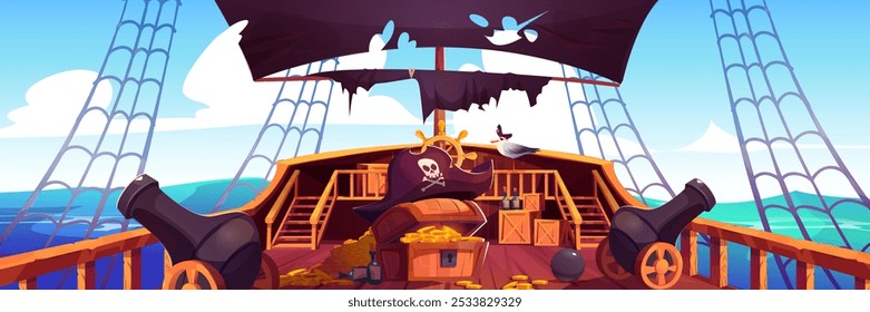 Pirate ship sailing in sea with treasure on deck. Vector cartoon illustration of wooden boat with steering wheel, torn black sail, money and gold in chest, rum bottles, seagull in corsair hat on board