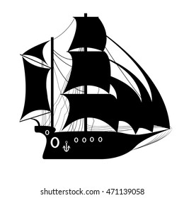 Pirate Ship, sailing ship under the black flag. Ship vector logo design template. sailboat or frigate icon. yacht. Silhouette. vector illustration.