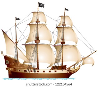 Pirate Ship, Sailing Ship Under The Jolly Roger Black Flag