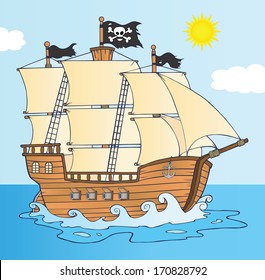 Pirate Ship Sailing Under Jolly Roger Flag. Vector Illustration