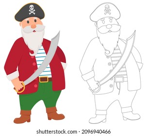 Pirata o marinero con una espada aislada sobre fondo blanco. Página de color y carácter de cliente colorido