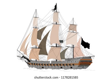 Pirate ship with sails and black flags in the sea. Vector image isolated on white background.