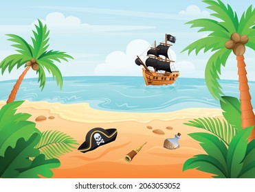 The pirate ship sails to the island where pirate attributes are scattered vector cartoon illustration