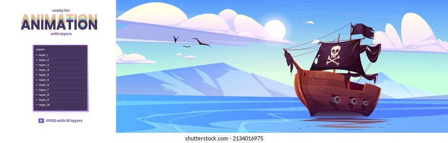 Pirate ship in sea cartoon background with layers ready for game 2d animation scene. Filibusters battleship with black sails, flag and jolly roger floating on ocean water surface, Vector illustration