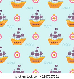 Pirate ship at sea with compass, vector seamless pattern.