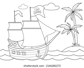 Pirate ship at sea, desert island. Image in zen-tangle style. Printable page for drawing and meditation.