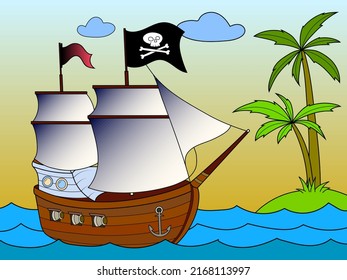 Pirate ship at sea, desert island. Image in zen-tangle style. Printable page for drawing and meditation.