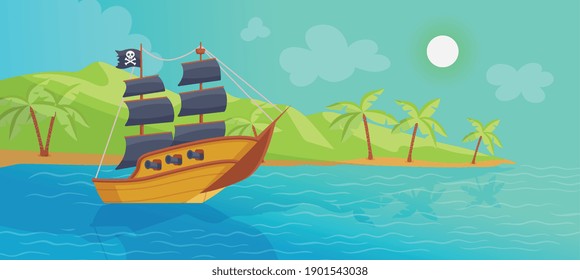 Pirate ship at sea near tropical island - wooden boat with black sails and flag sailing at beach bay. Cartoon vector illustration of vintage galleon on marine adventure.