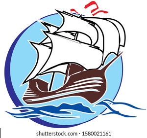 Pirate ship in the sea under the blue circle