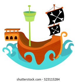 A pirate ship in the sea vector. Cute illustration