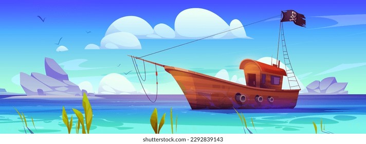 Barco pirata en el mar, barco de madera con bandera negra con cráneo. Paisaje de la playa oceánica con barco corsario con bandera bucanera, cuerdas y cañones, ilustración de la caricatura vectorial